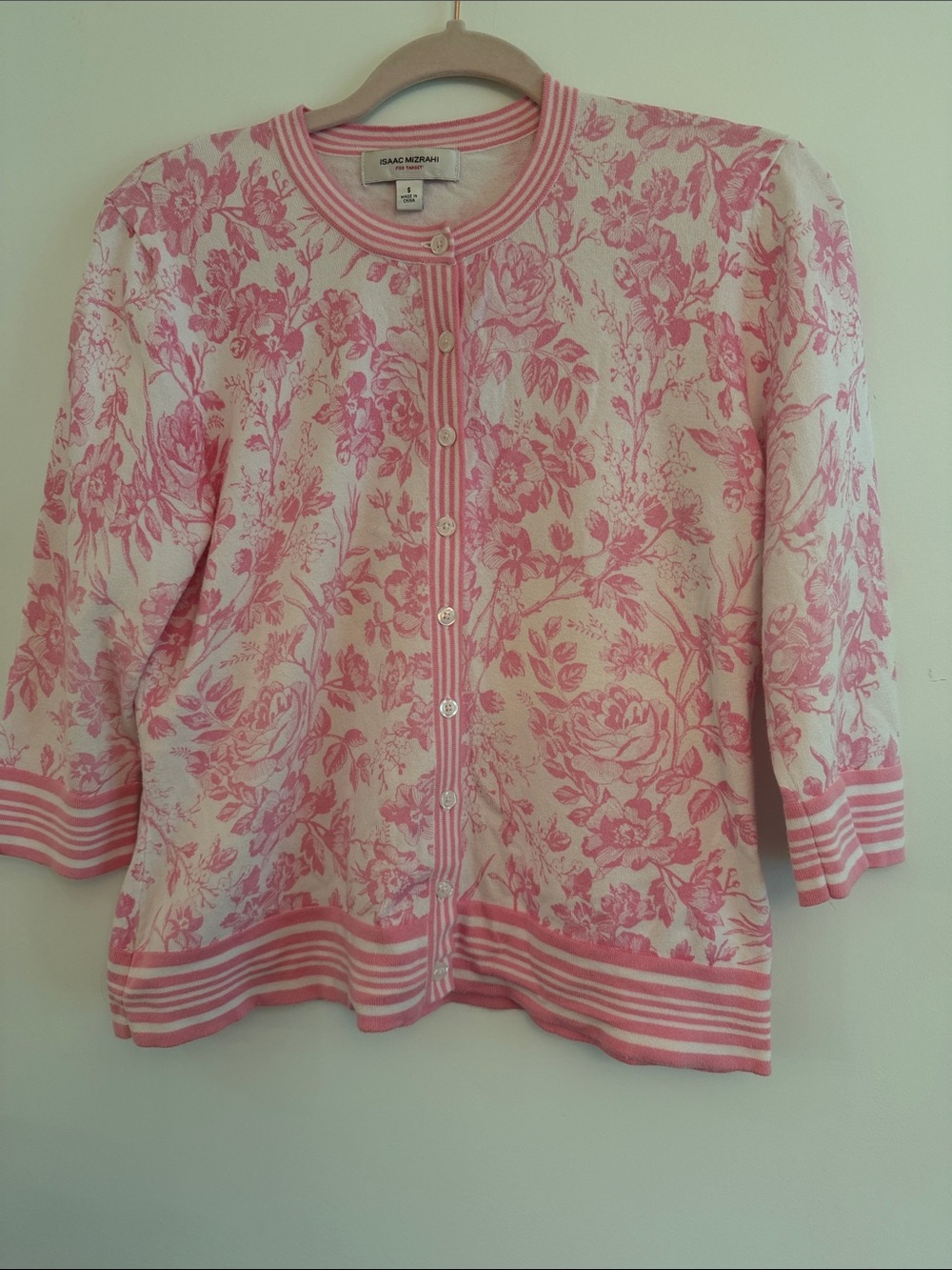 Isaac Mizrahi Pink and Cream Floral Button-Front Cardigan